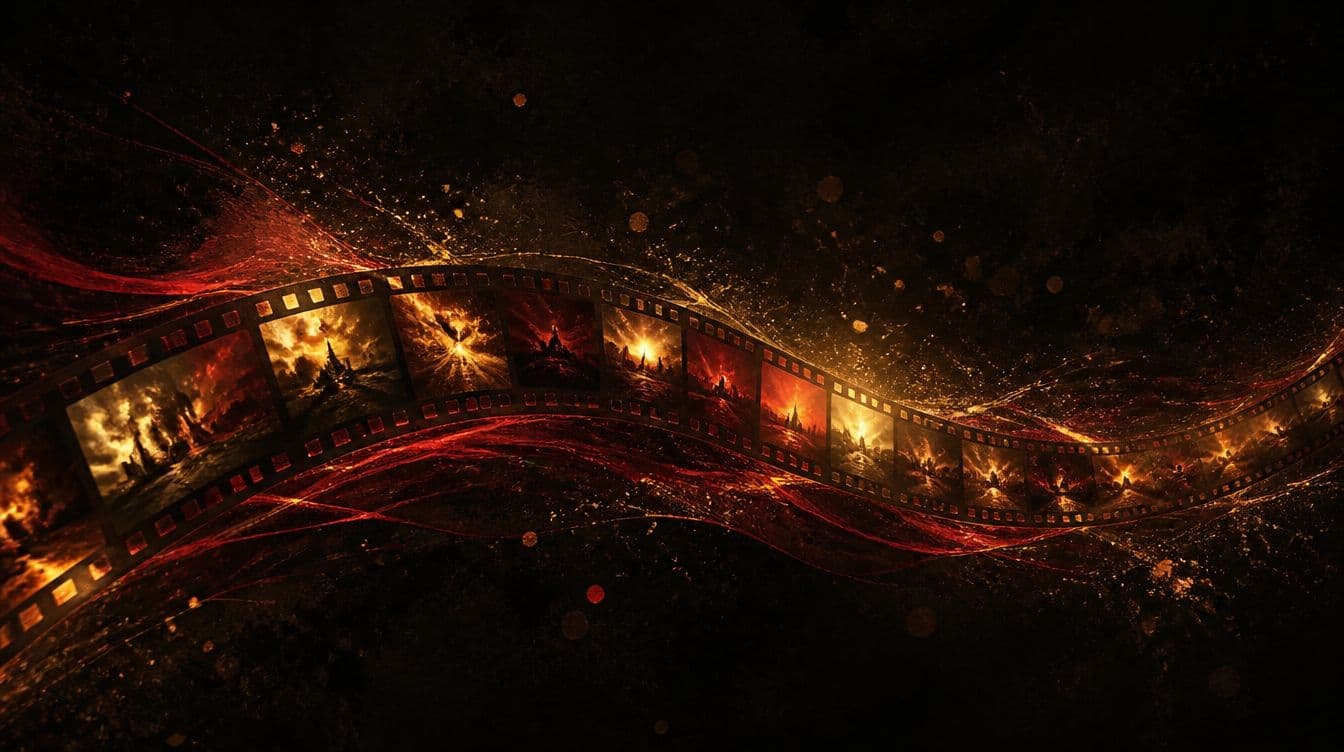 Abstract cinematic artwork — a ribbon of glowing film frames flowing across a dark field