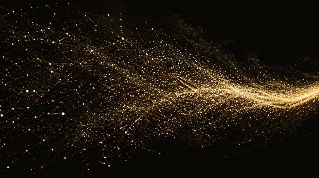 Abstract artwork — thousands of glowing gold particles converging into one luminous stream