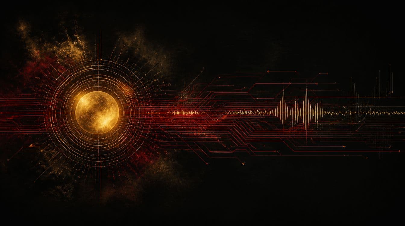 Abstract artwork — a luminous gold orb with concentric rings radiating crimson circuit traces
